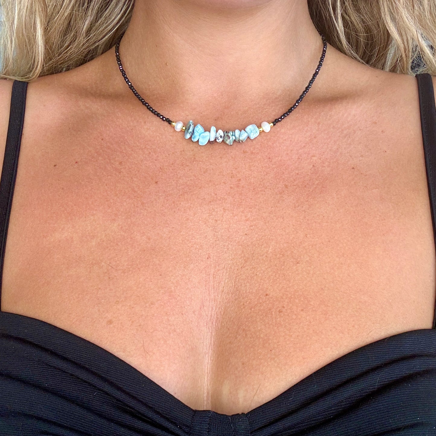 Black Tourmaline and Larimar Choker Necklace