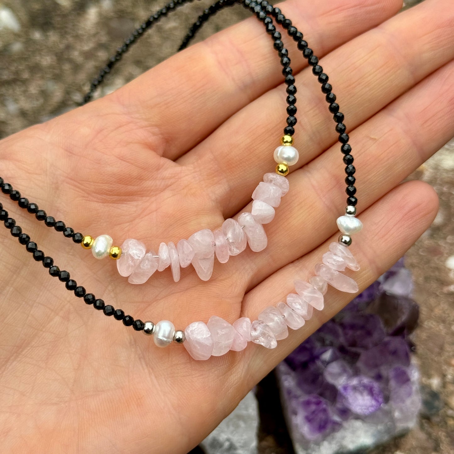 Black Tourmaline and Rose Quartz Choker Necklace