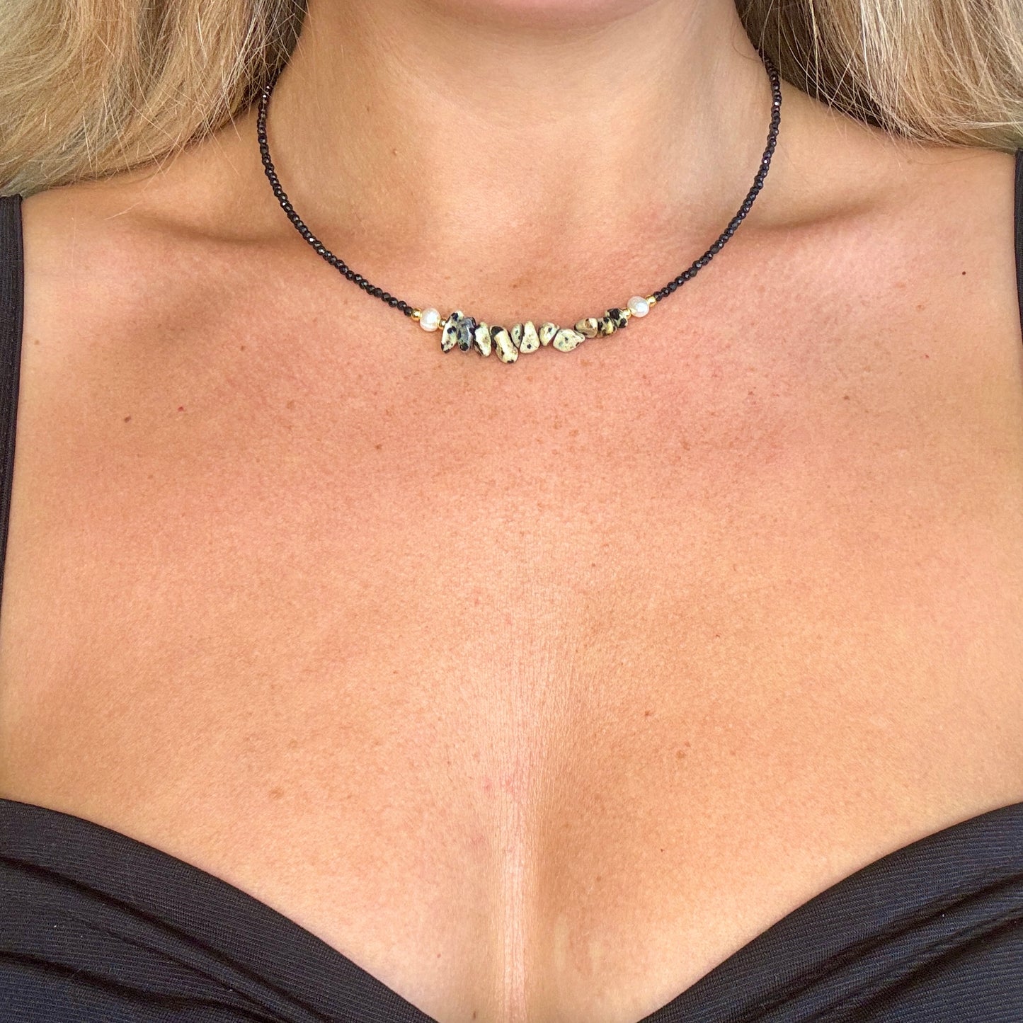 Black Tourmaline and Dalmation Jasper Choker Necklace