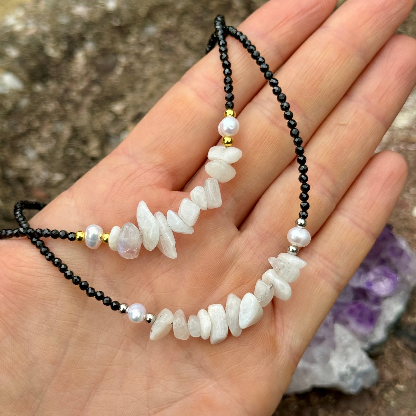 Black Tourmaline and White Moonstone Choker Necklace