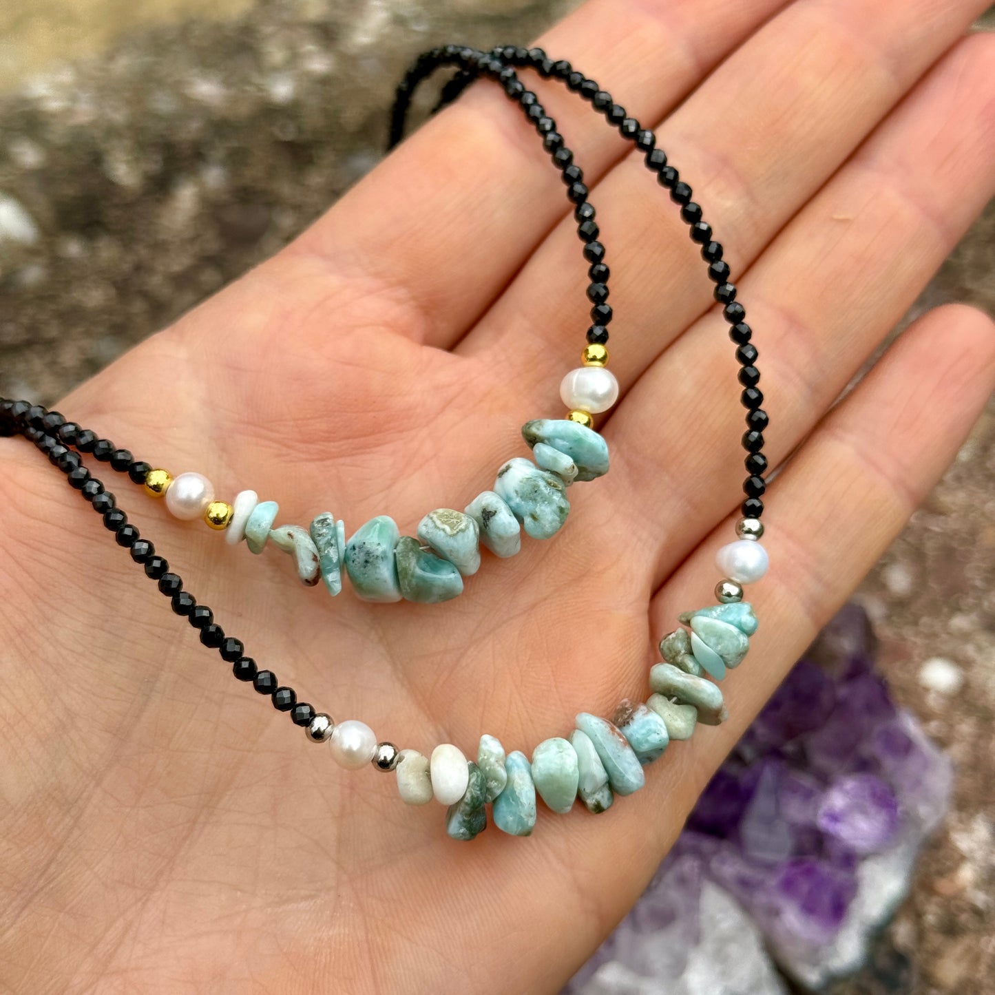 Black Tourmaline and Larimar Choker Necklace