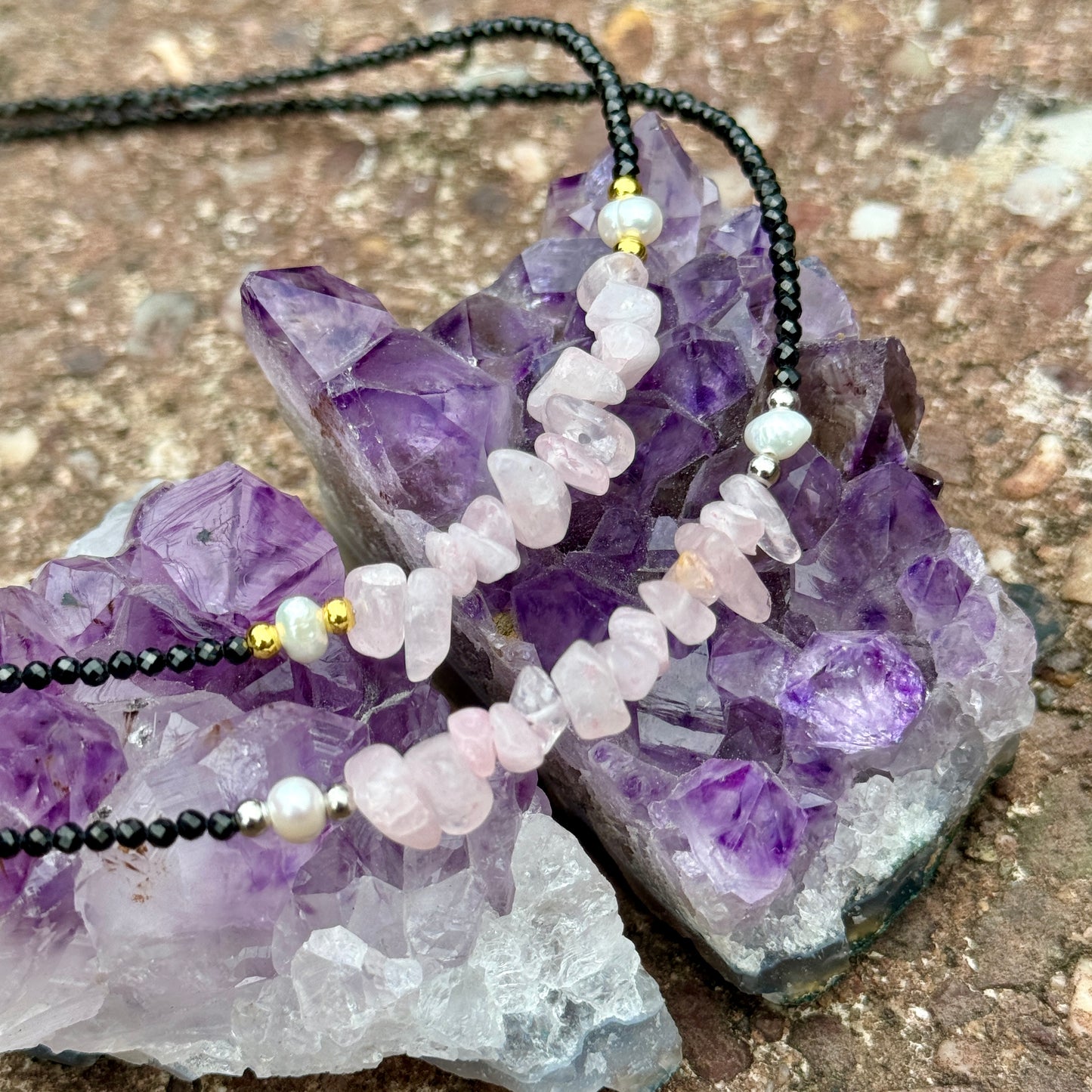 Black Tourmaline and Rose Quartz Choker Necklace