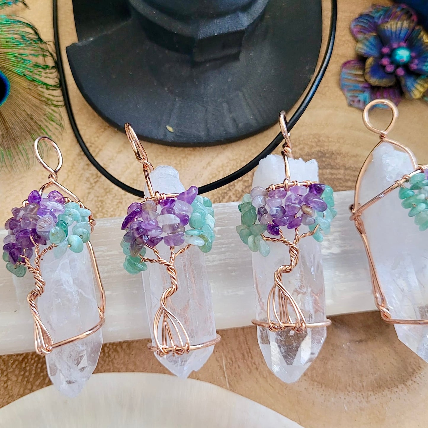 Clear Quartz Raw Point Wire Wrapped Pendant (with Green Aventurine & Amethyst Chips