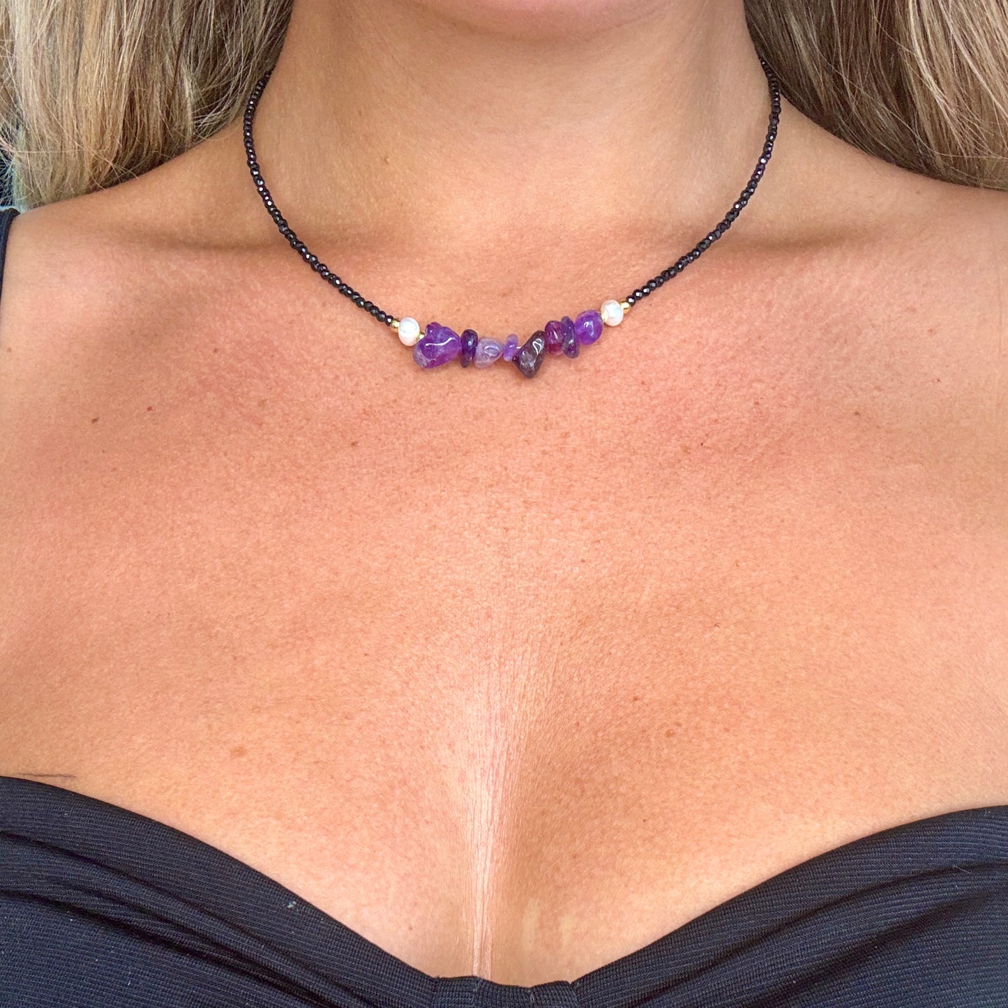 Black Tourmaline and Amethyst Choker Necklace