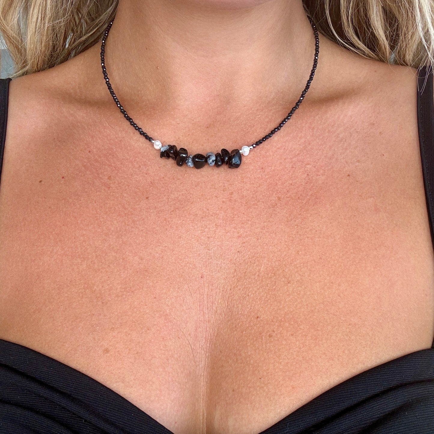 Black Tourmaline and Snowflake Obsidian Choker Necklace