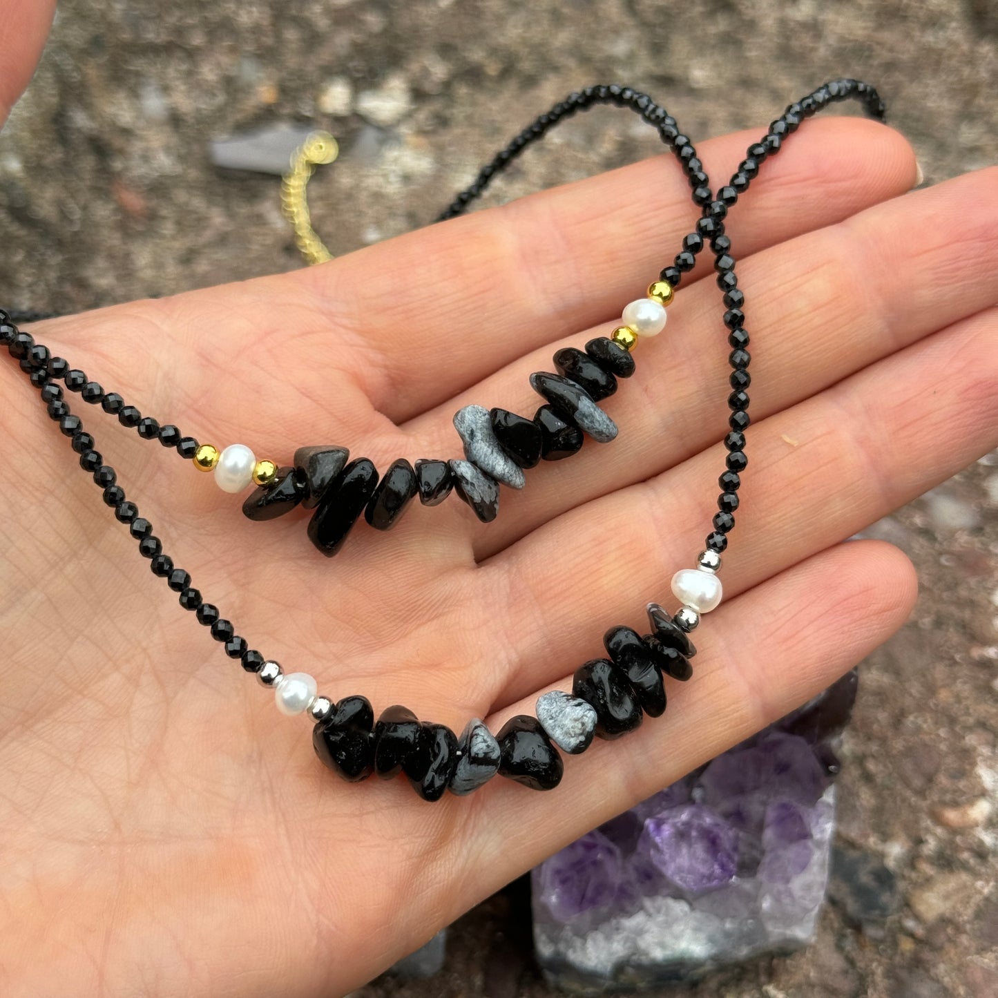 Black Tourmaline and Snowflake Obsidian Choker Necklace