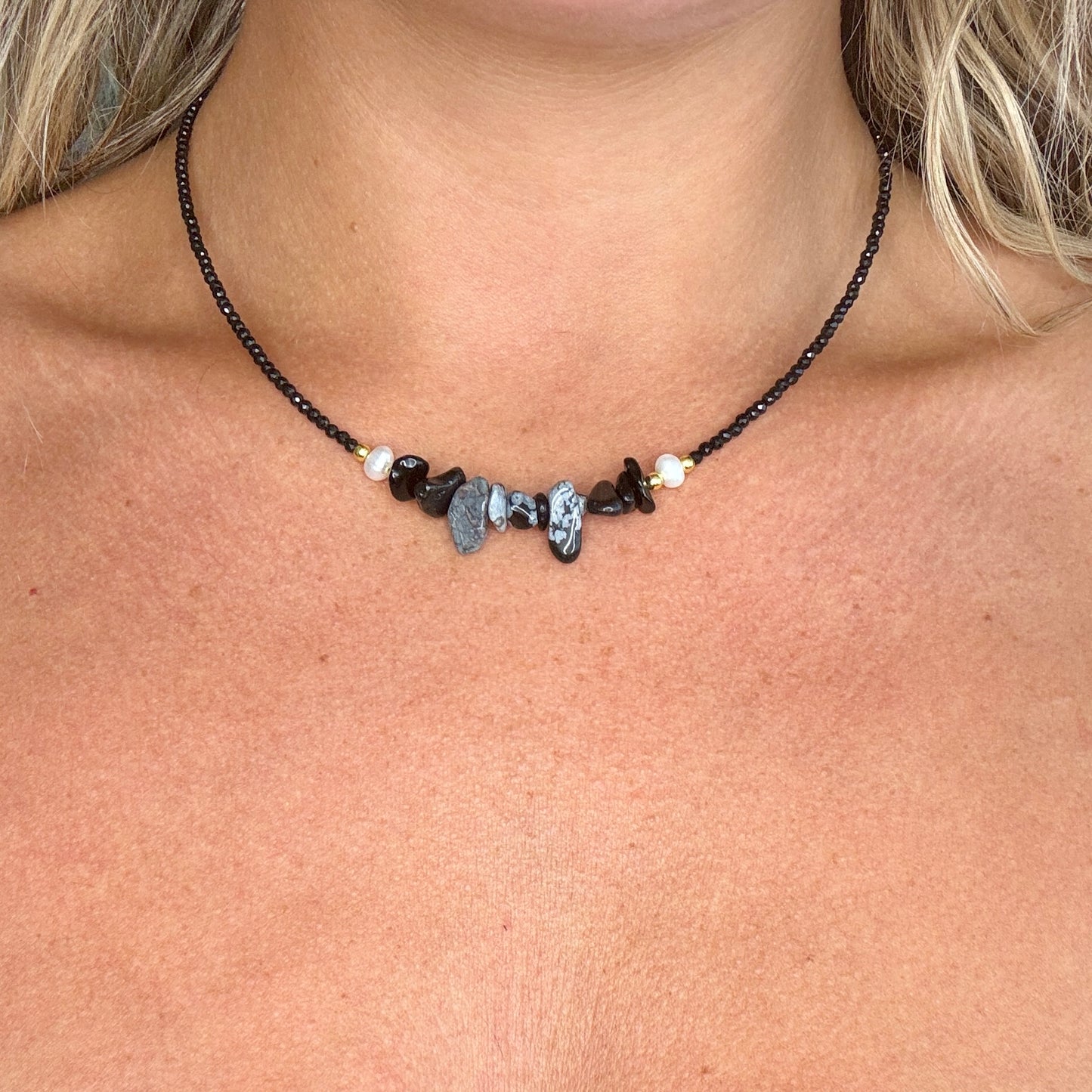 Black Tourmaline and Snowflake Obsidian Choker Necklace