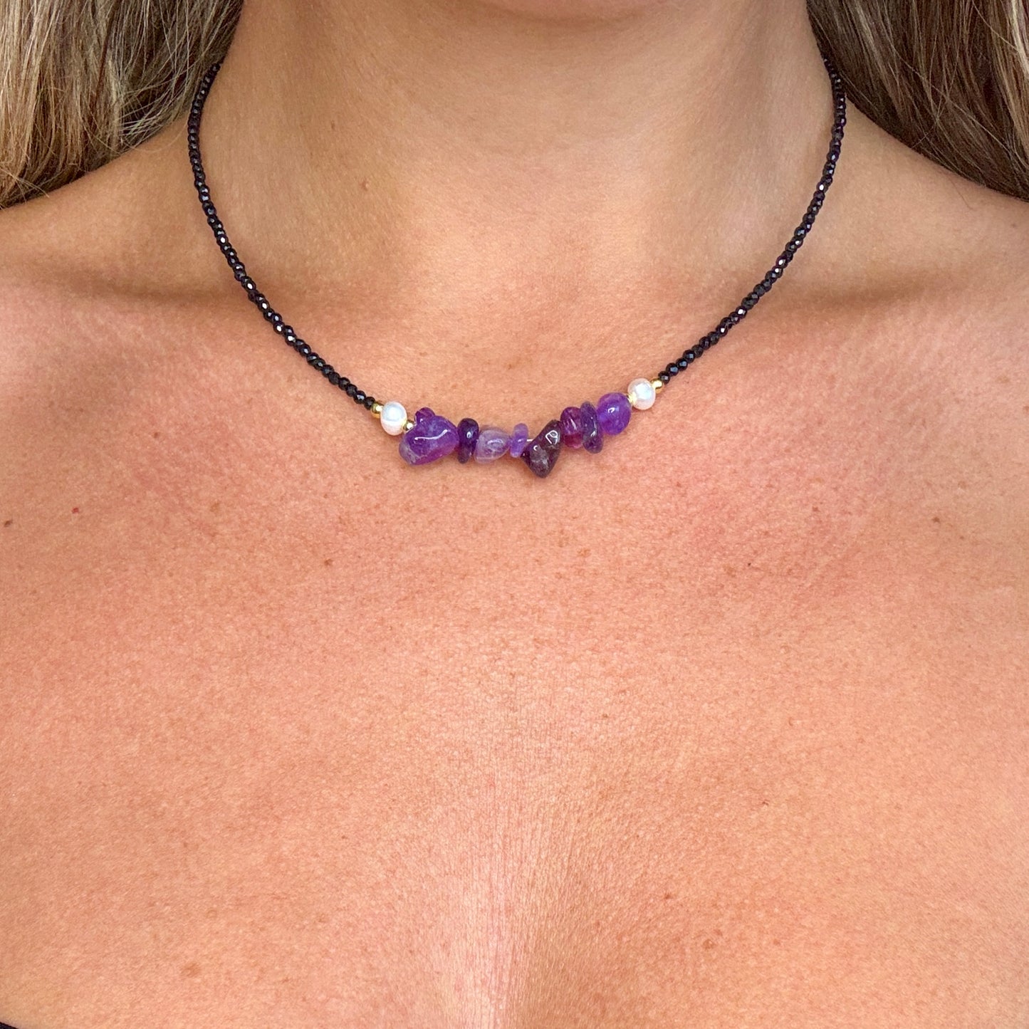 Black Tourmaline and Amethyst Choker Necklace