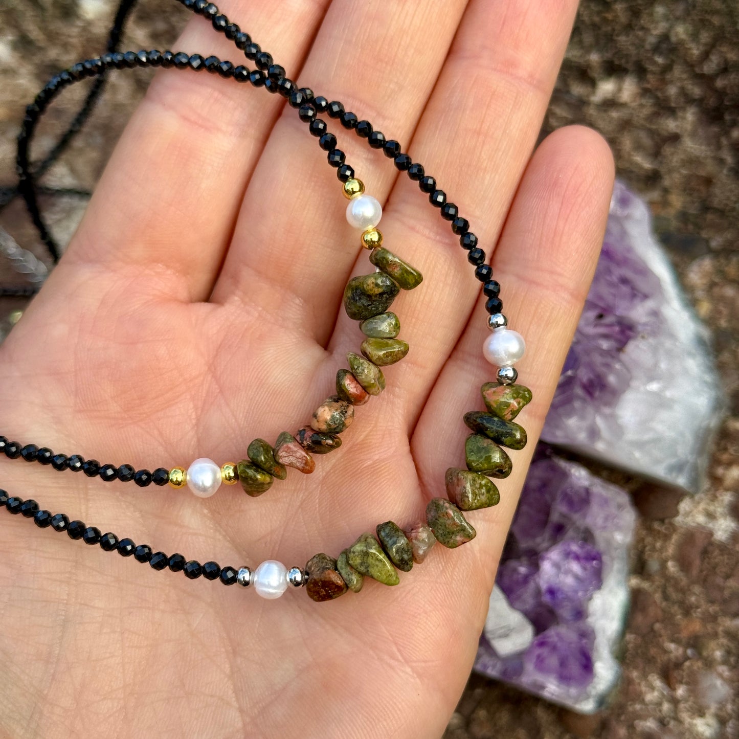 Black Tourmaline and Unakite Choker Necklace