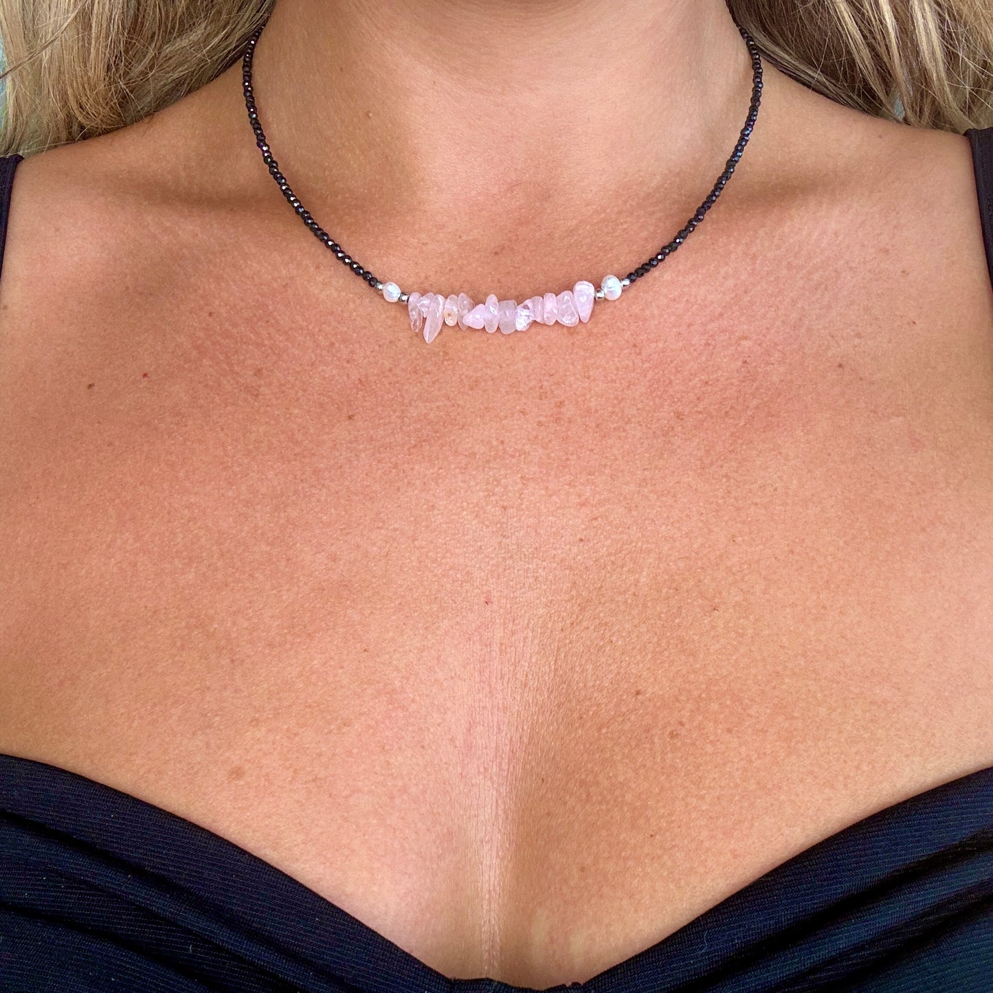 Black Tourmaline and Rose Quartz Choker Necklace