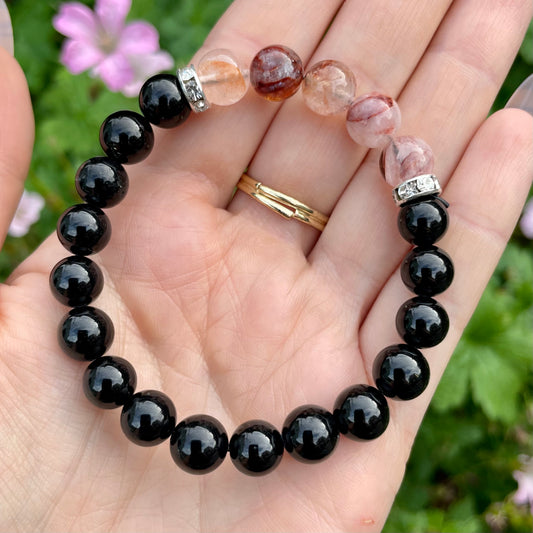 Black Tourmaline & Hematoid Fire Quartz Beaded Bracelet