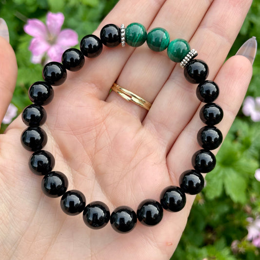 Black Tourmaline & Malachite Beaded Bracelet