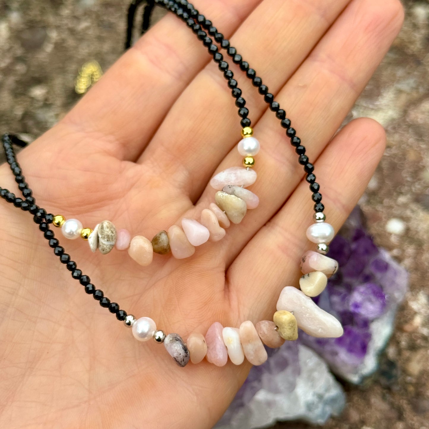 Black Tourmaline and Pink Opal Choker Necklace