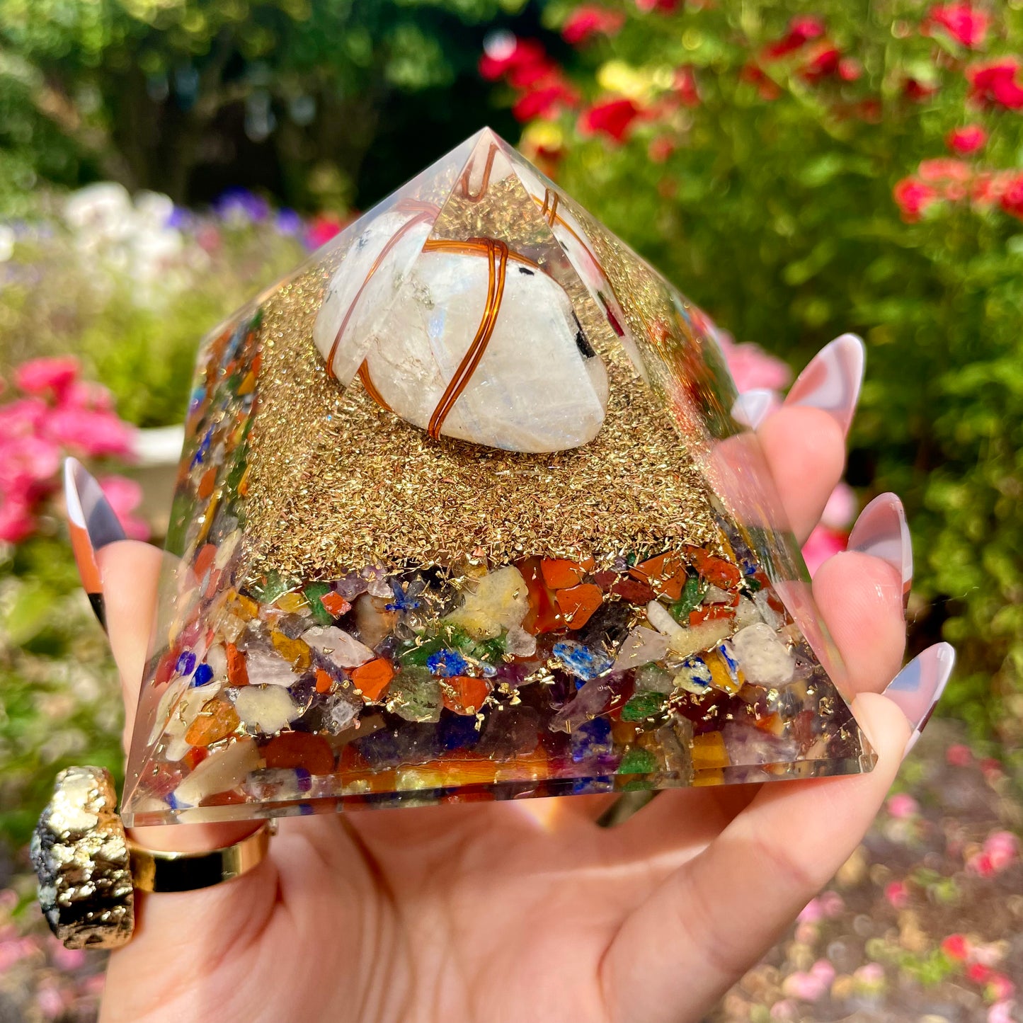 Rainbow Moonstone Chakra Orgonite Pyramid