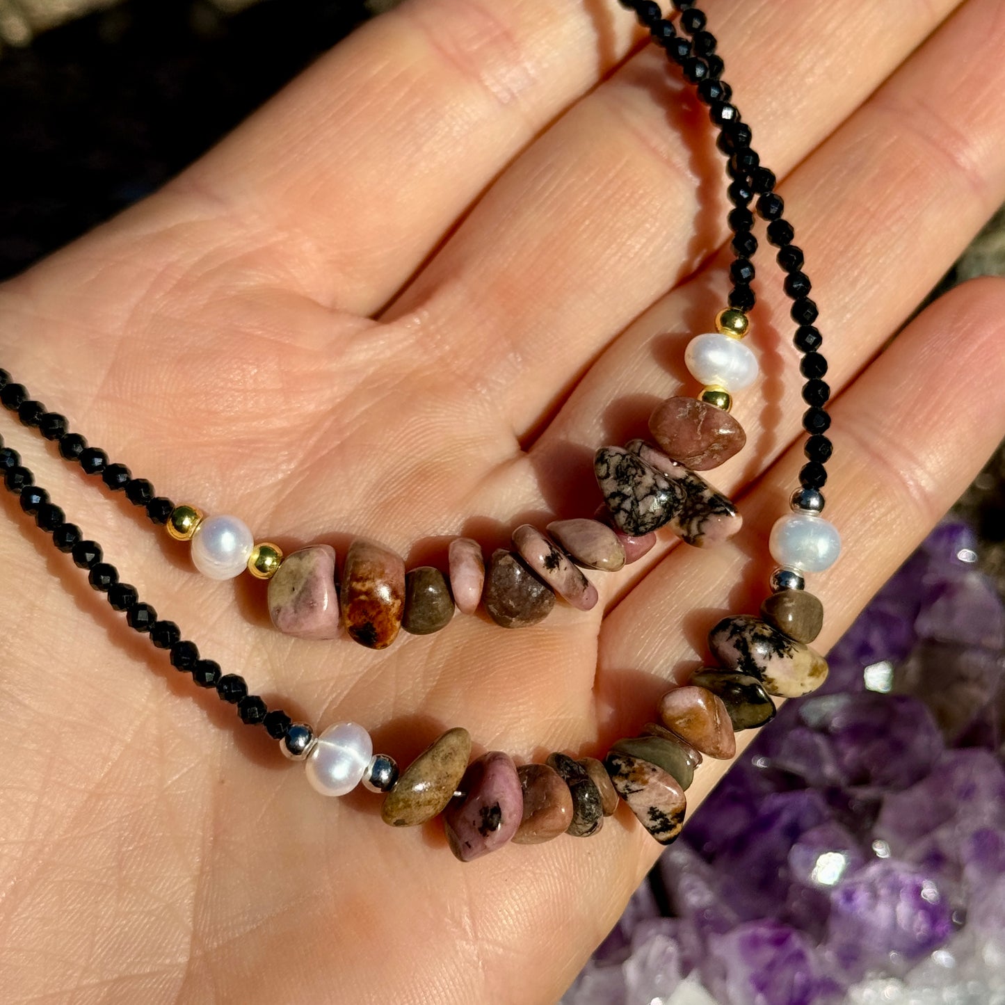 Black Tourmaline and Rhodonite Choker Necklace