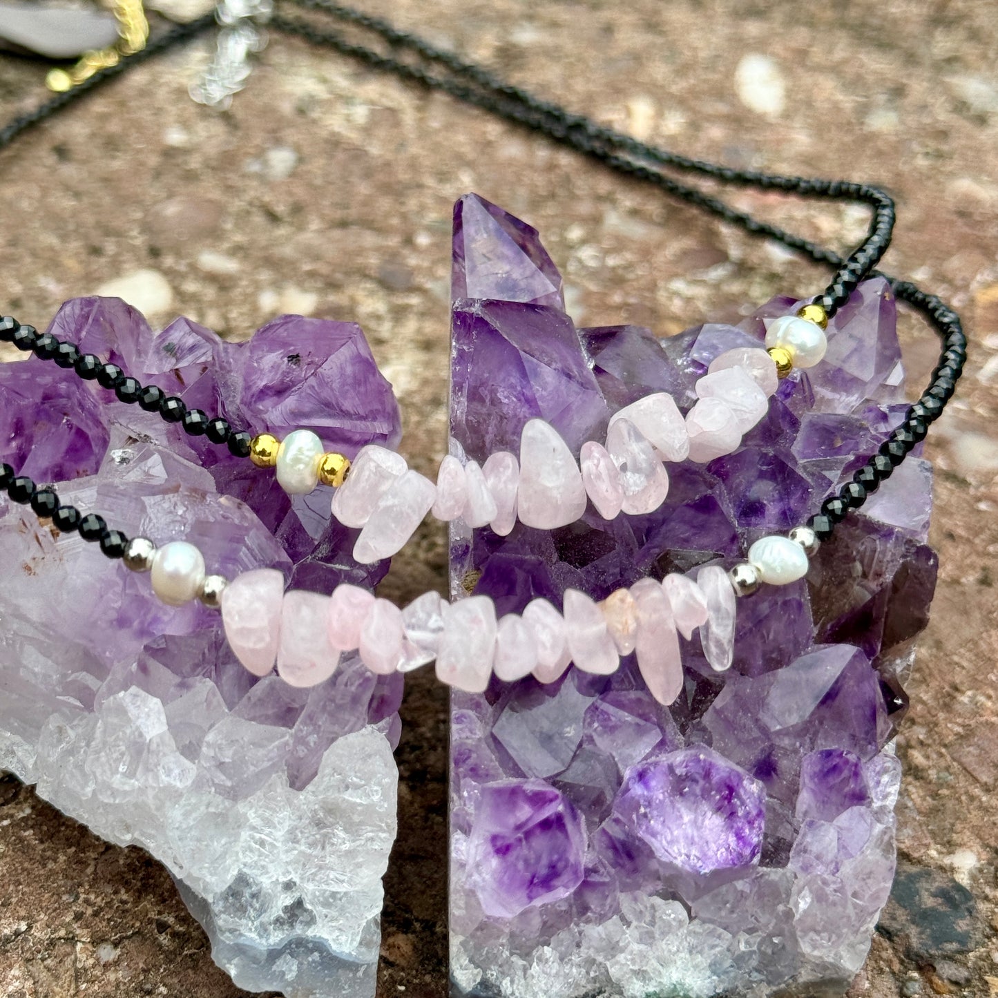 Black Tourmaline and Rose Quartz Choker Necklace