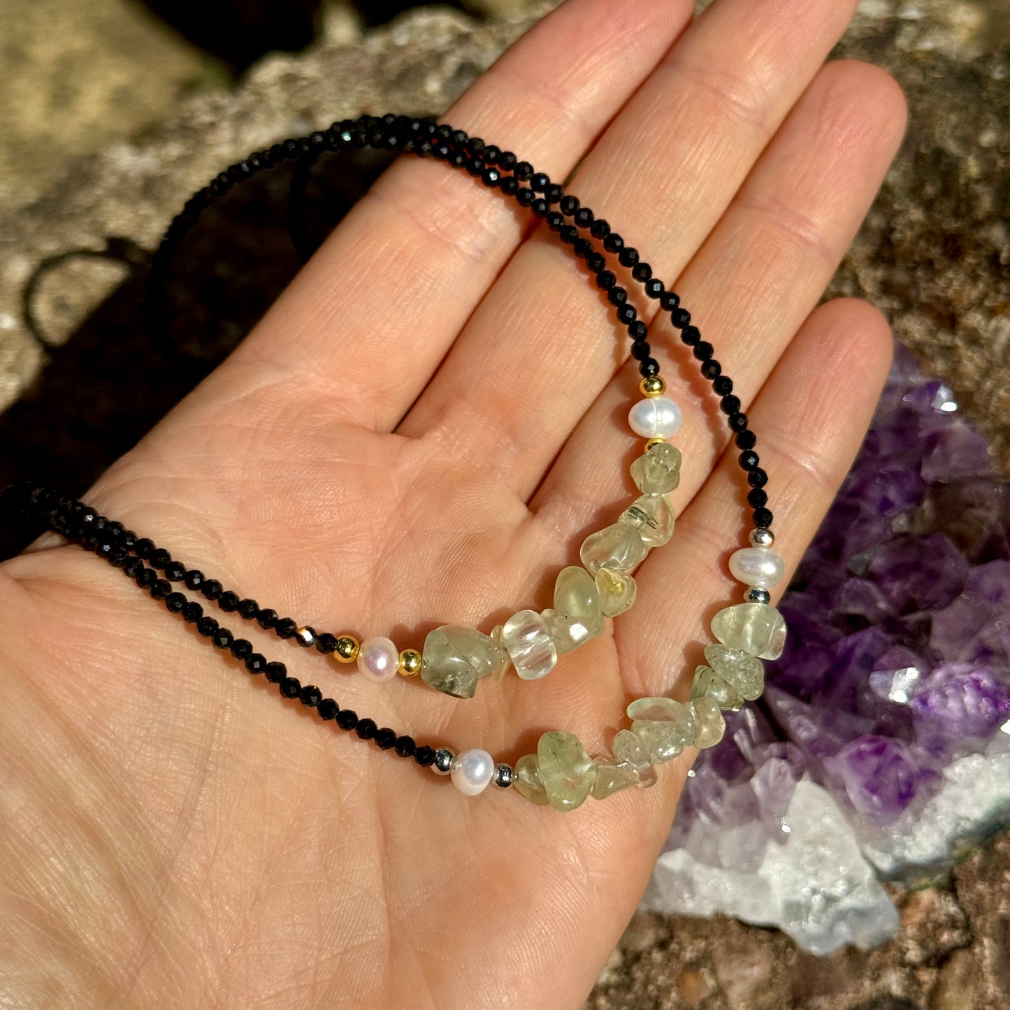 Black Tourmaline and Prehnite Choker Necklace