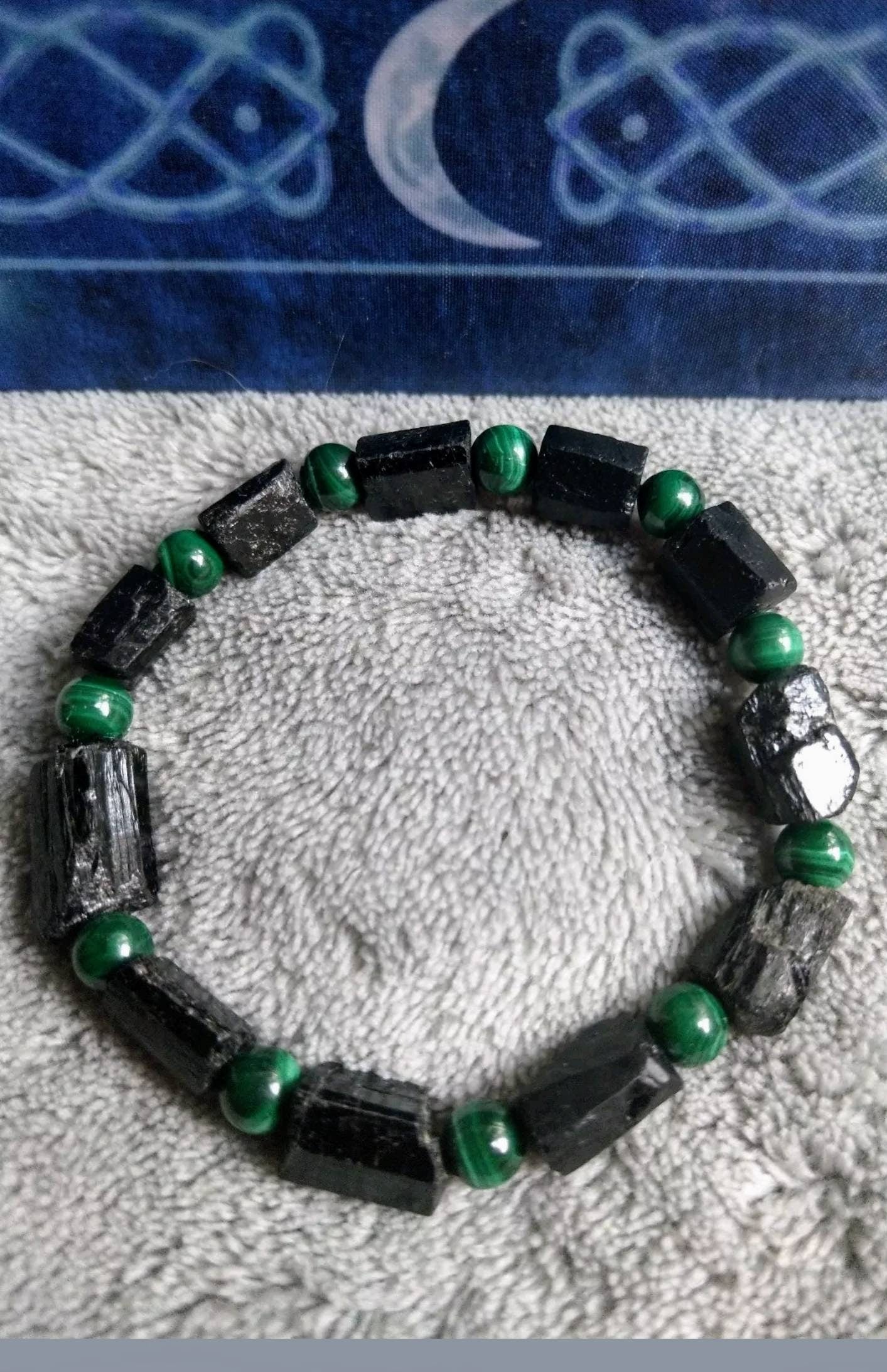 Raw black tourmaline and malachite bracelet with crystal gemstone jewellery natural stone gift for men or women