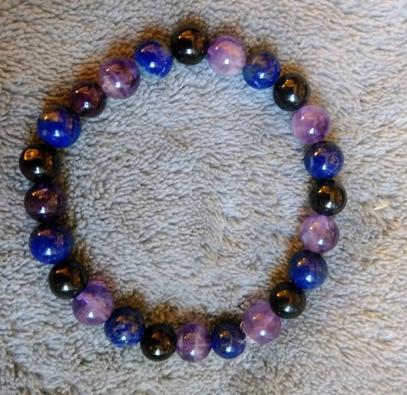 Jet lapis lazuli and amethyst bracelet gift for him or her crystal healing jewellery for men or women