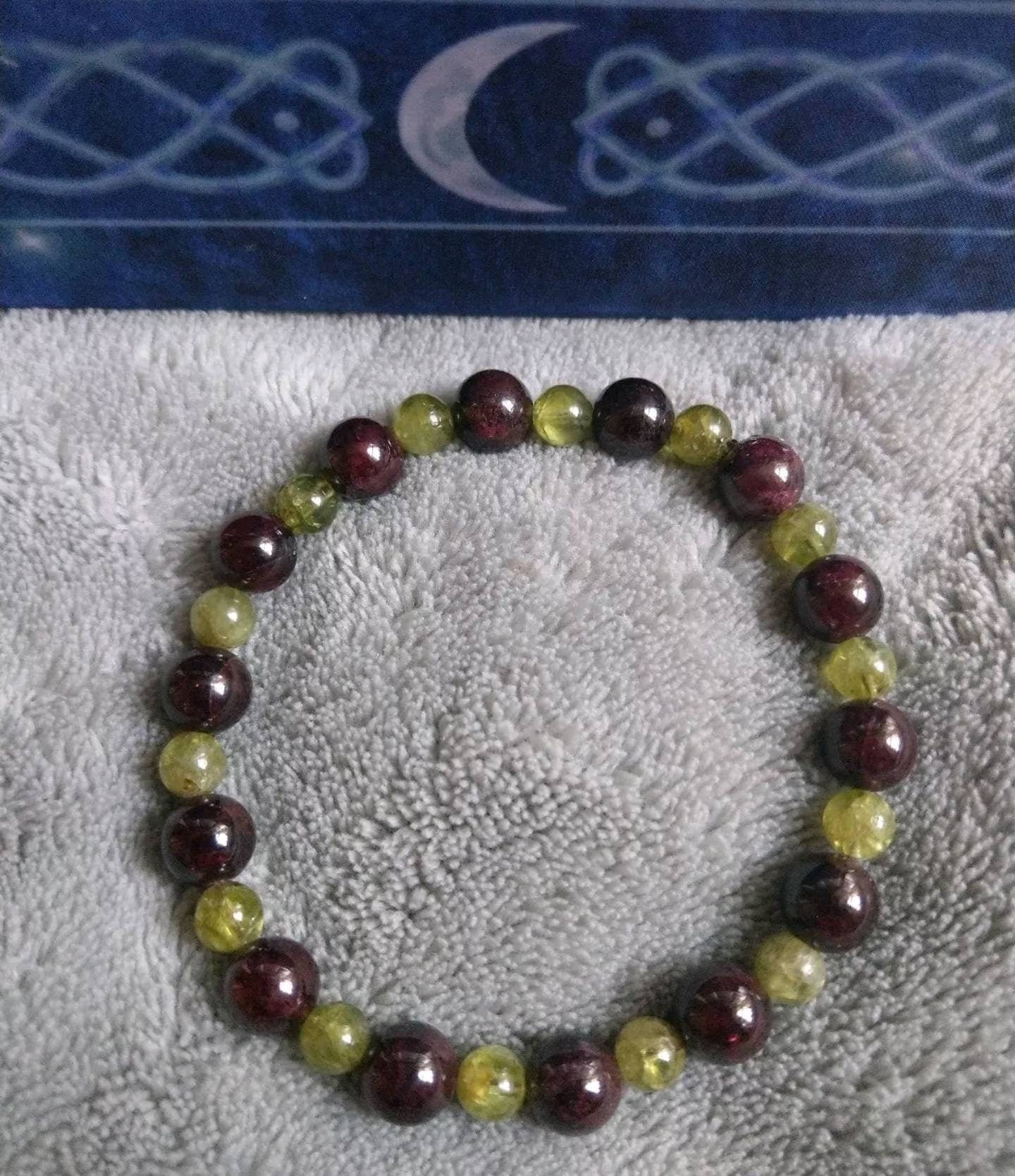 Peridot and Dark Red Garnet bracelet crystal healing natural stone stretchy stacking jewellery