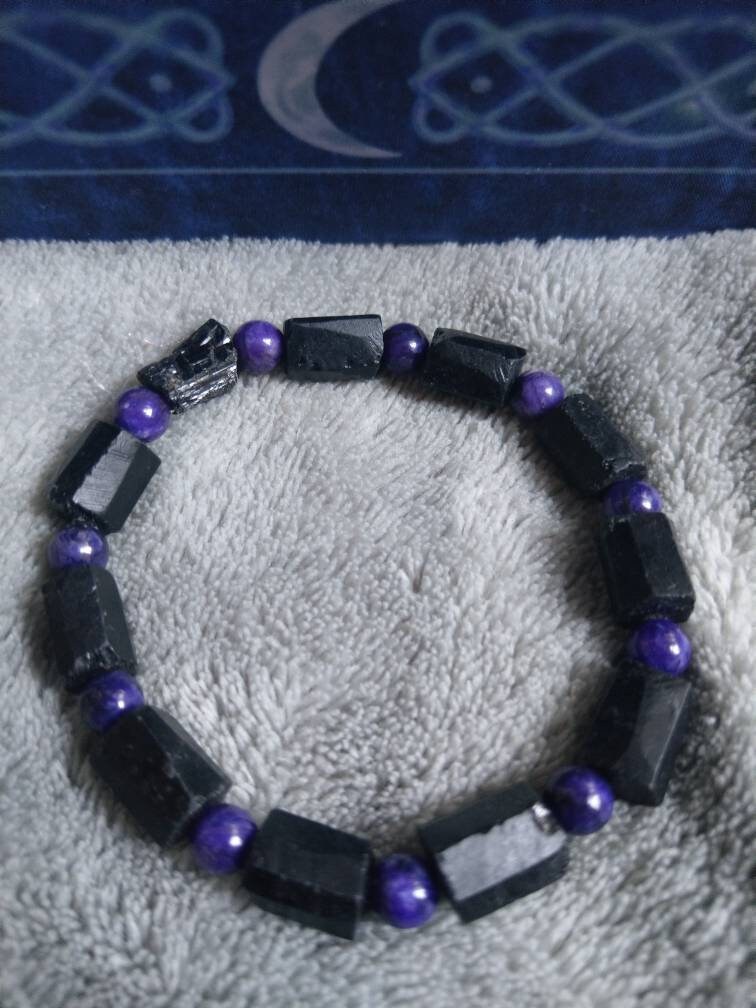 Raw black tourmaline and charoite bracelet  crystal healing natural stone stretch bracelet