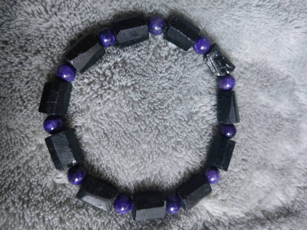 Raw black tourmaline and charoite bracelet  crystal healing natural stone stretch bracelet