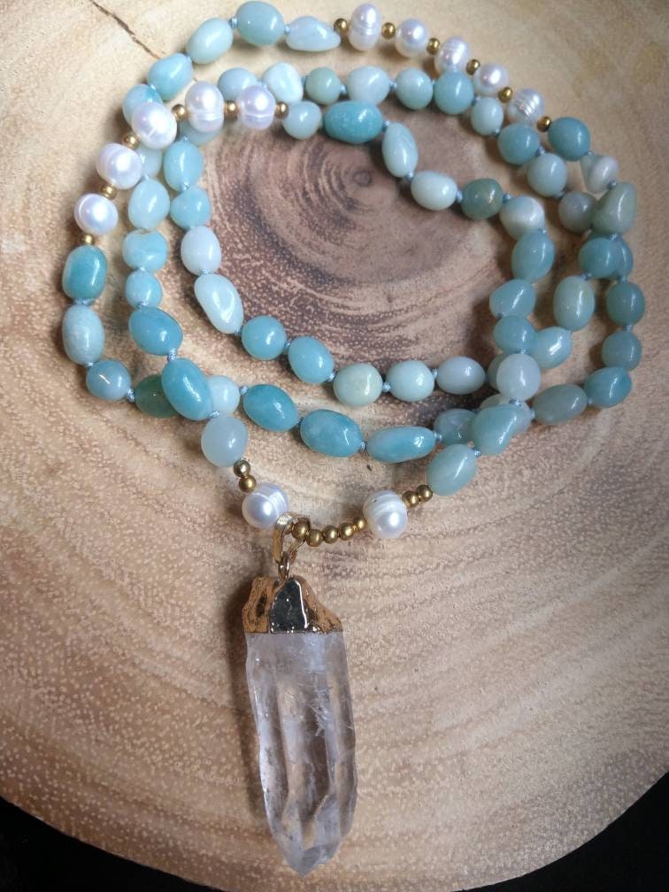 Amazonite Mother of Pearl and clear quartz knotted necklace Crystal healing gift for him or her witchy jewellery for women