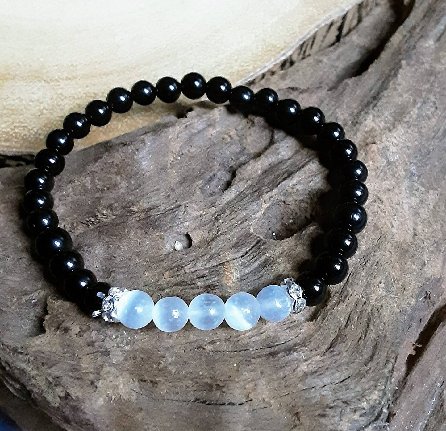 Black Tourmaline and Selenite Bracelet crystal healing natural stone Root Chakra Grounding jewellery gift for him or her