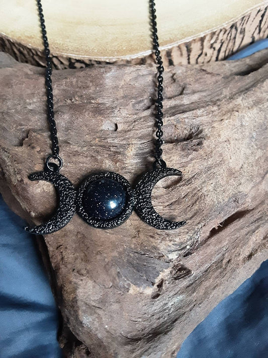 Blue goldstone necklace triple moon crystal healing natural Stone gift for him or her celestial jewellery for women