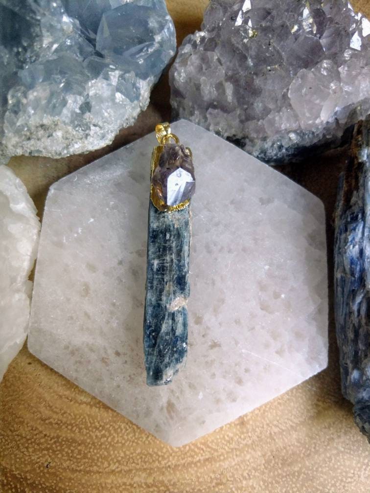 Raw kyanite with amethyst pendant necklace witchy gift for her or him crystsl healing jewellery for men or women