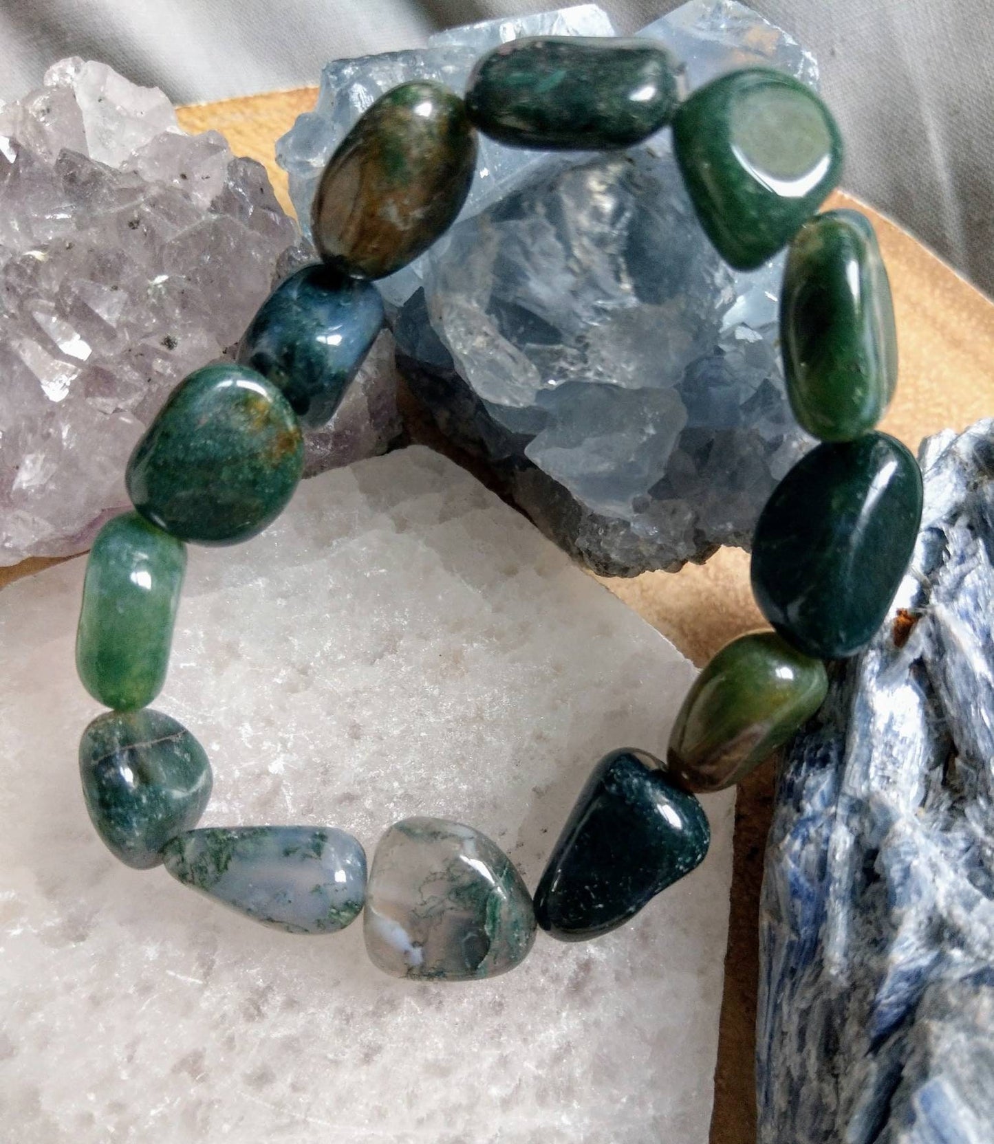 Green Moss Agate chunky bracelet Crystal healing natural  stone large nuggets