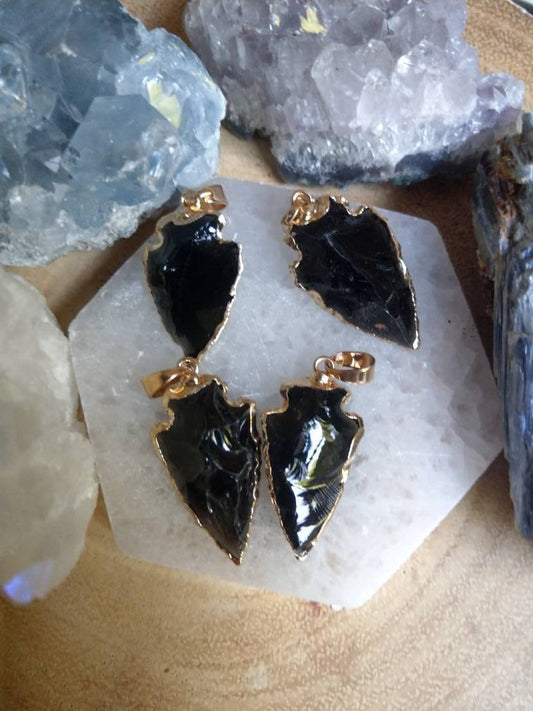 Black Obsidian arrow head Pendant necklace with Electroplated Gold Edging crystal healing natural raw stone gift for him or her jewellery