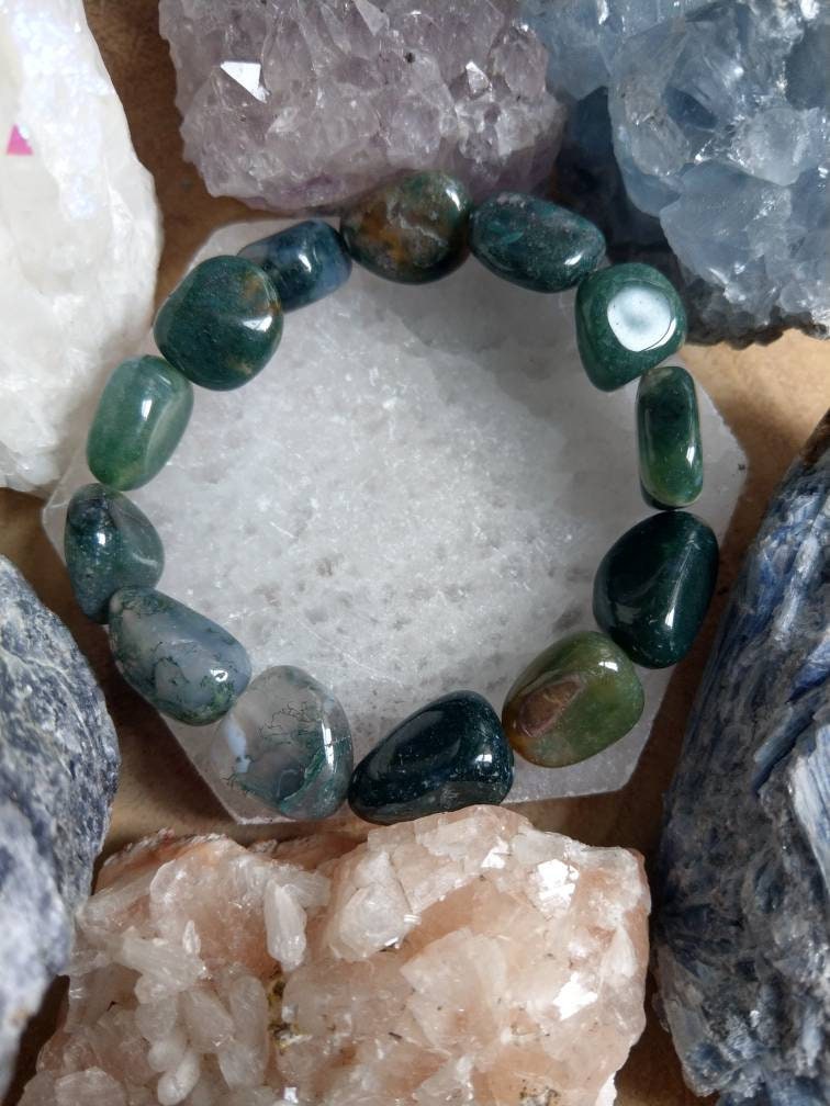 Green Moss Agate chunky bracelet Crystal healing natural  stone large nuggets