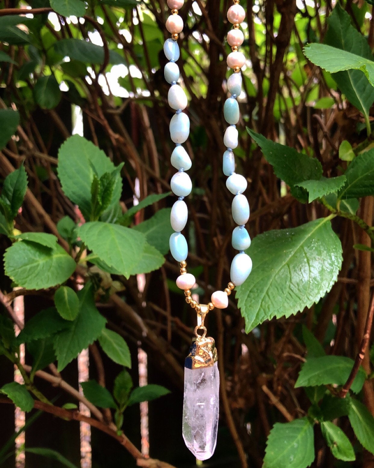 Amazonite Mother of Pearl and clear quartz knotted necklace Crystal healing gift for him or her witchy jewellery for women