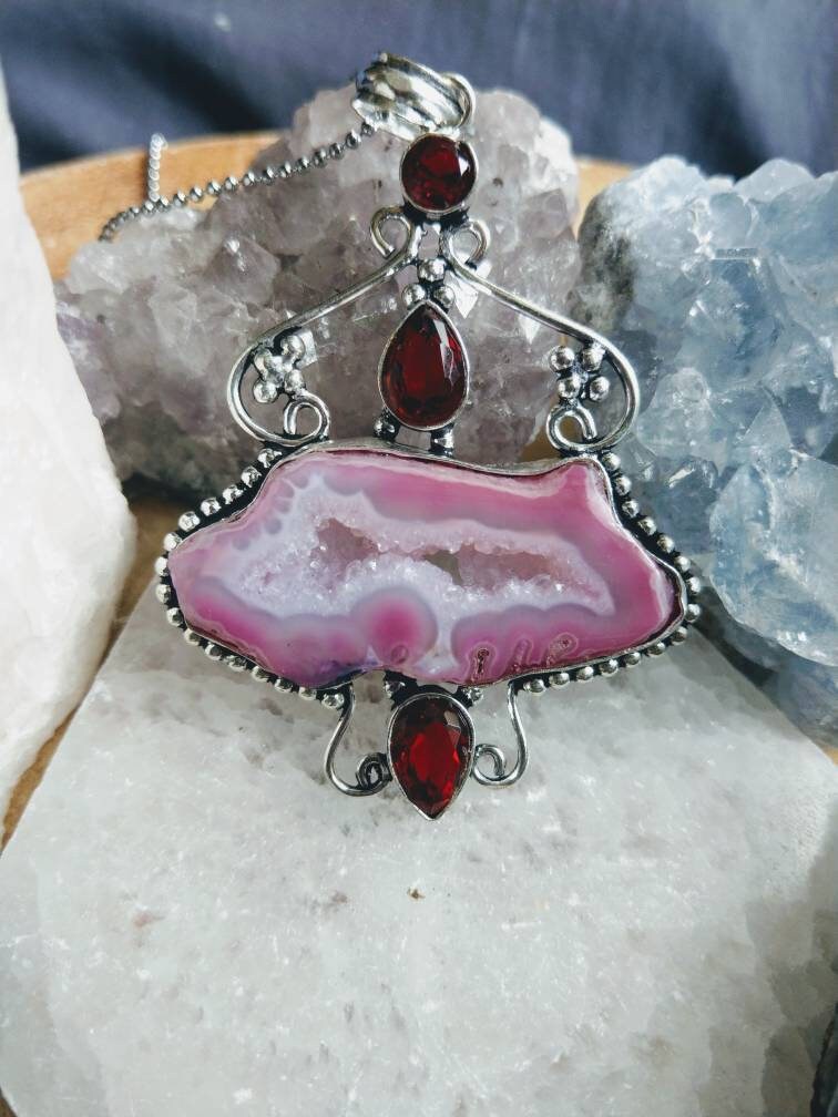 Solar quartz and red garnet pendant necklace 925 silver natural Stone crystal healing