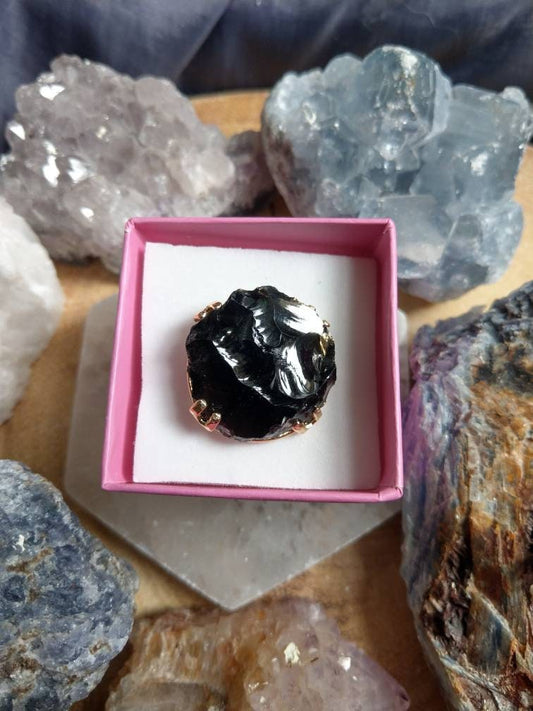 Black obsidian adjustable ring raw Stone  Courage, Strength, Protection, Grief, Truth