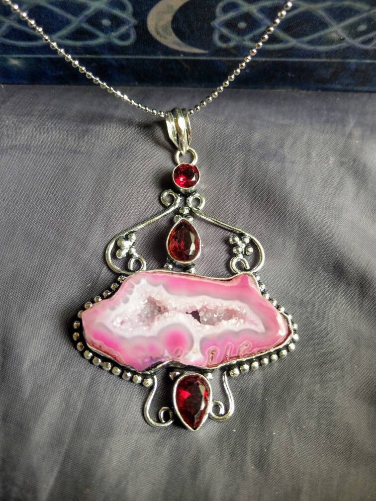 Solar quartz and red garnet pendant necklace 925 silver natural Stone crystal healing