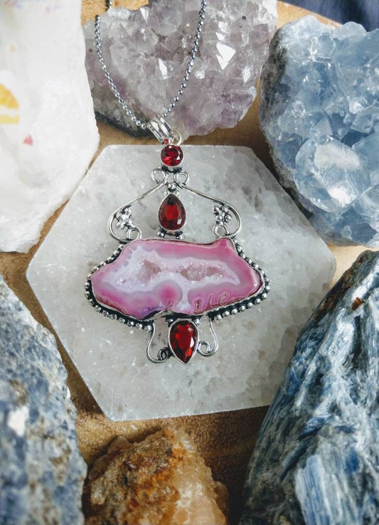 Solar quartz and red garnet pendant necklace 925 silver natural Stone crystal healing