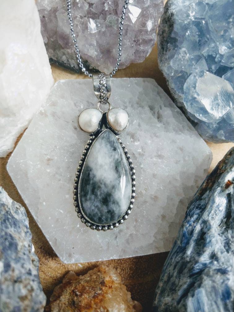 pearl and pinolith pendant necklace 925 silver crystal healing gift for her natural stone handmade jewellery witchy jewelry