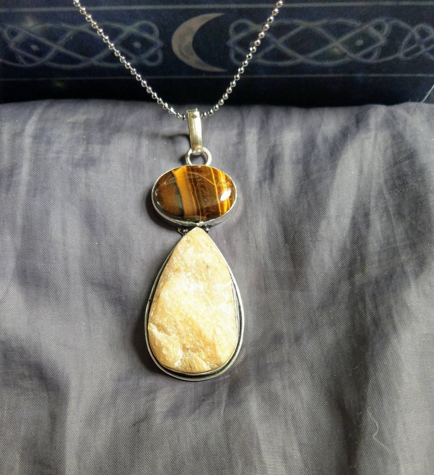 Tigers eye necklace with peach aventurine in 925 silver pendant raw natural stone crystal healing