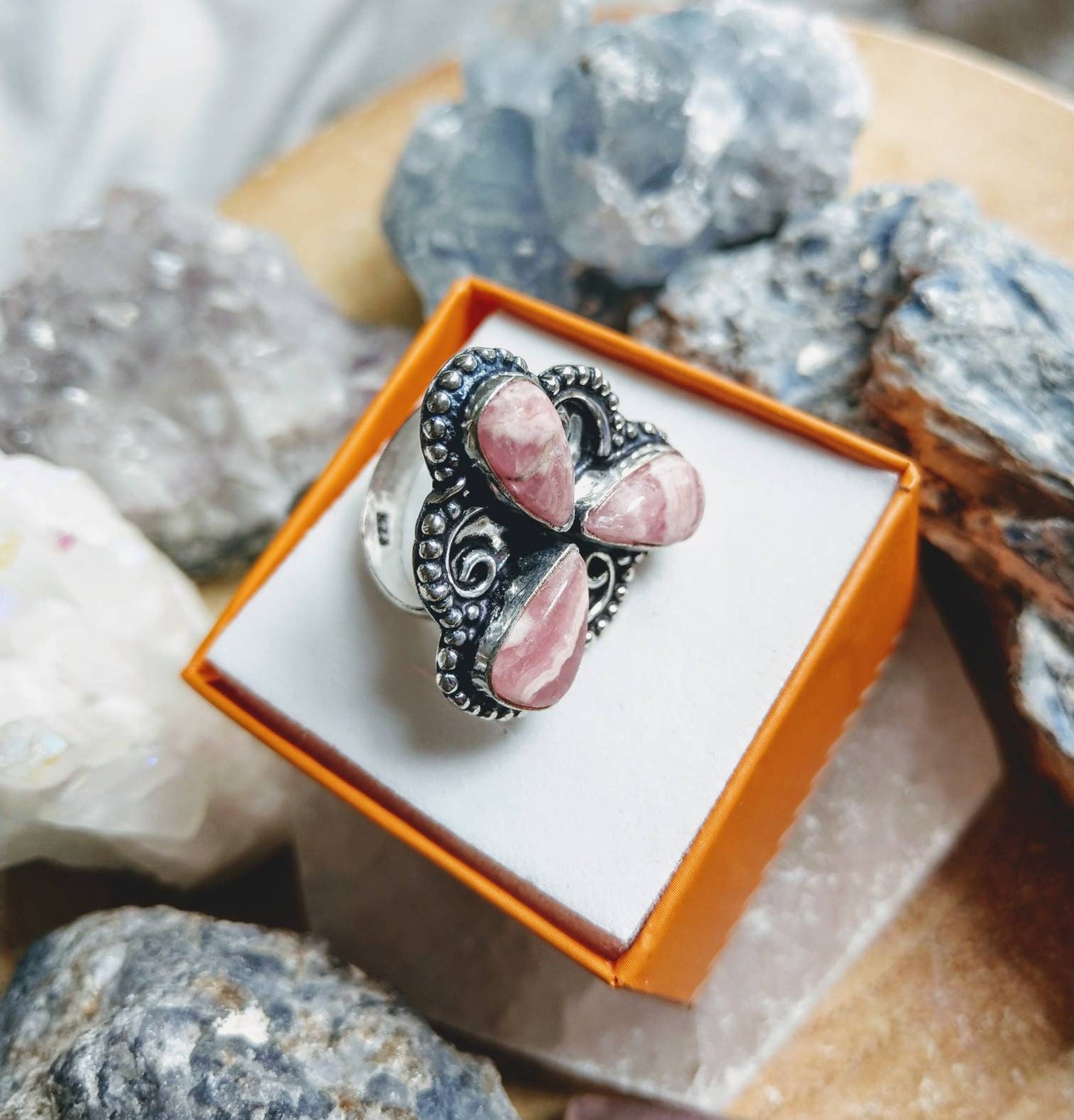 Rhodochrosite ring in 925 silver ring size 7.5/P crystal jewelry natural stone