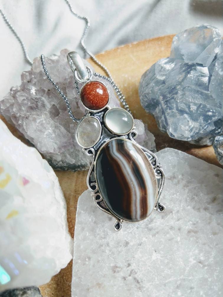 Botswana agate necklace with chalcedony, rutilated quartz and goldstone in 925 silver pendant crystal jewelry