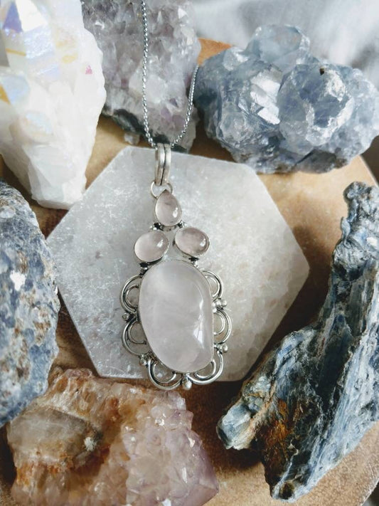 Rose Quartz Pendant necklace 925 Silver natural stone crystal healing Heart Chakra love