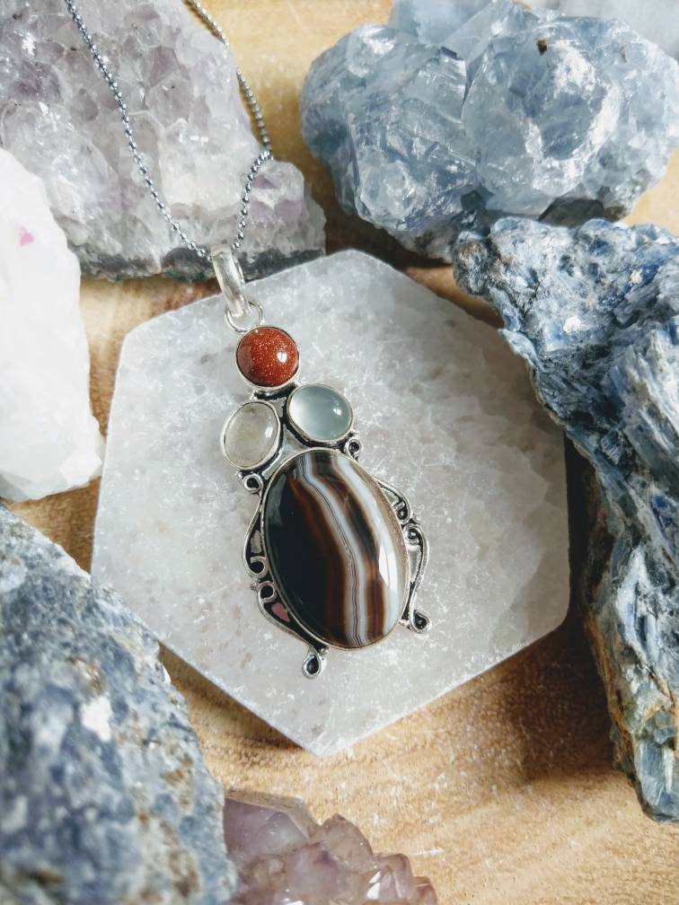 Botswana agate necklace with chalcedony, rutilated quartz and goldstone in 925 silver pendant crystal jewelry