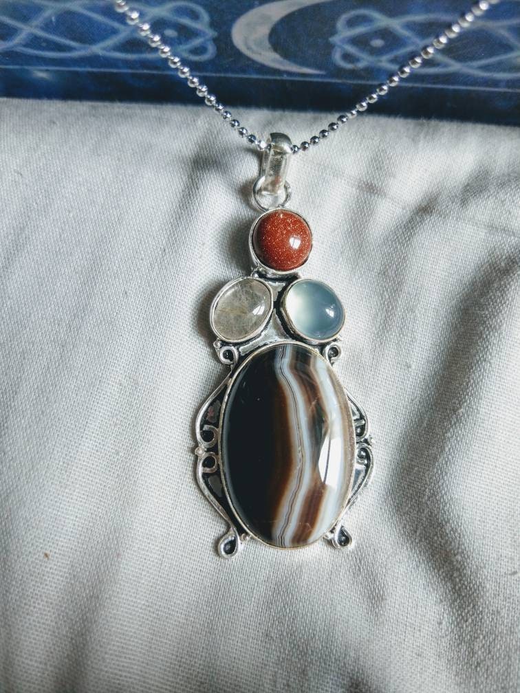 Botswana agate necklace with chalcedony, rutilated quartz and goldstone in 925 silver pendant crystal jewelry