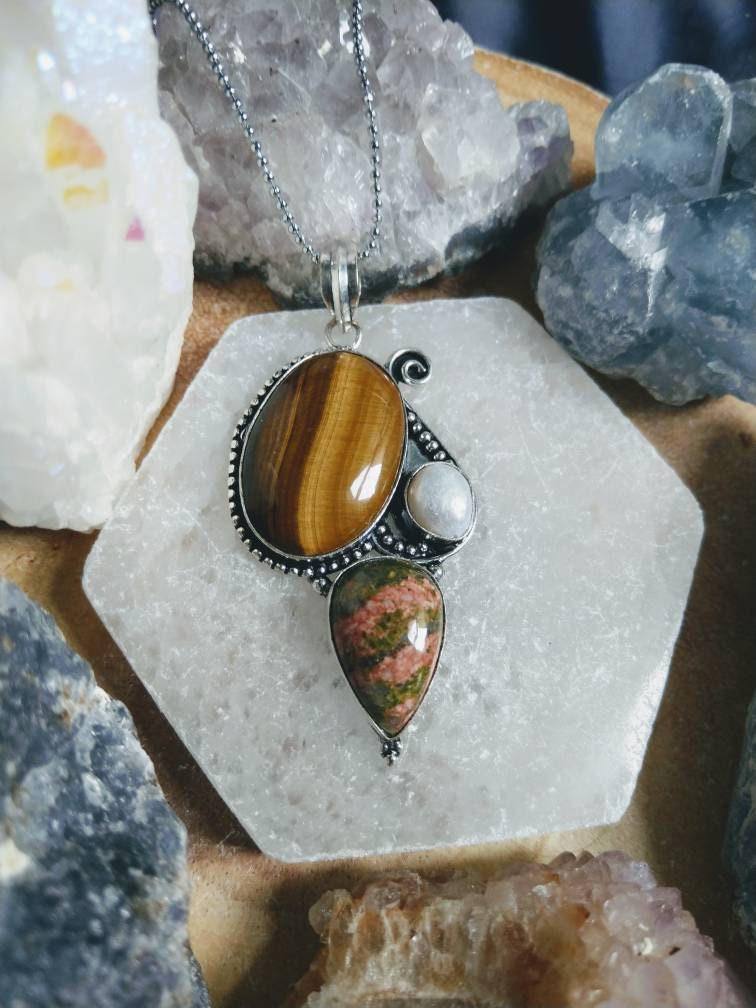 Tigers eye necklace mother of pearl and unakite in 925 silver pendant crystal jewelry natural stone