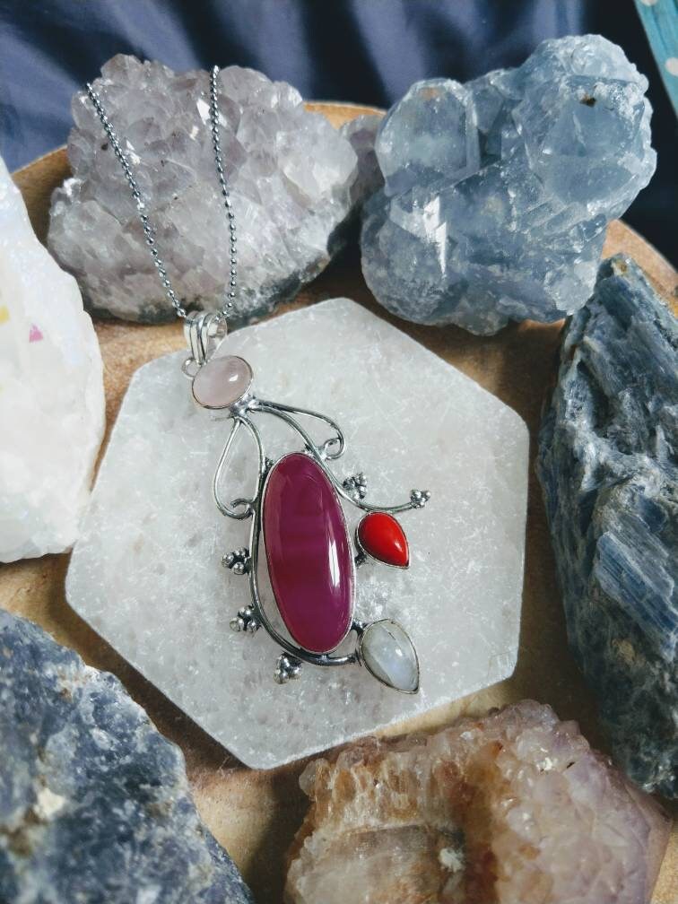 Pink Botswana agate Rose Quartz Coral and moonstone pendant necklace 925 silver crystal healing witchy jewellery gift for her