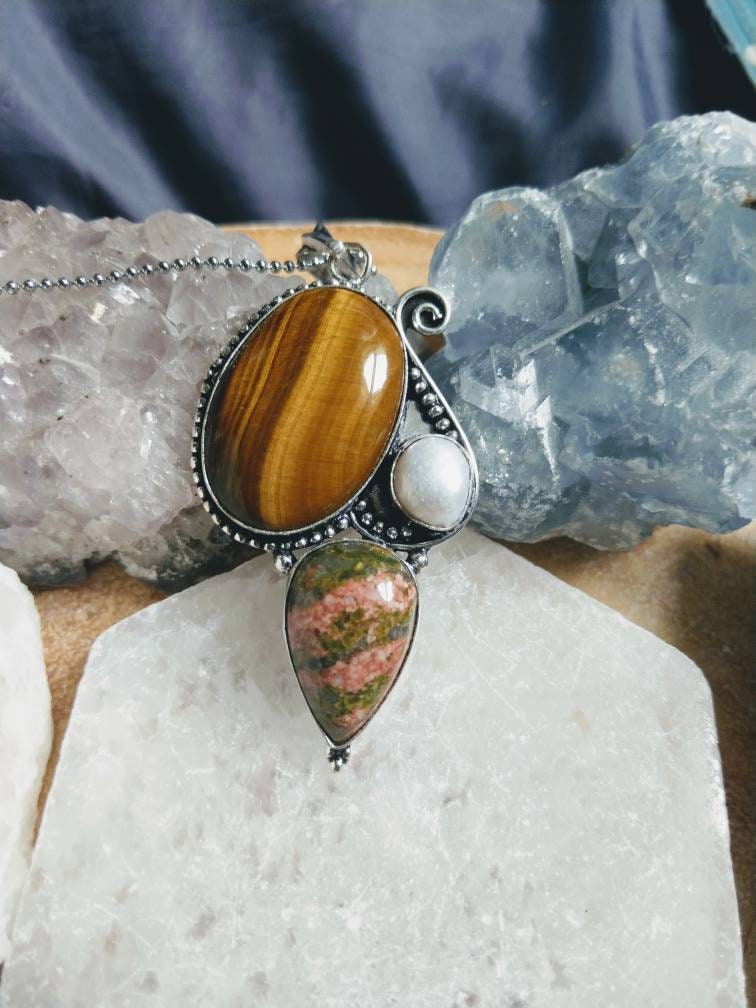 Tigers eye necklace mother of pearl and unakite in 925 silver pendant crystal jewelry natural stone