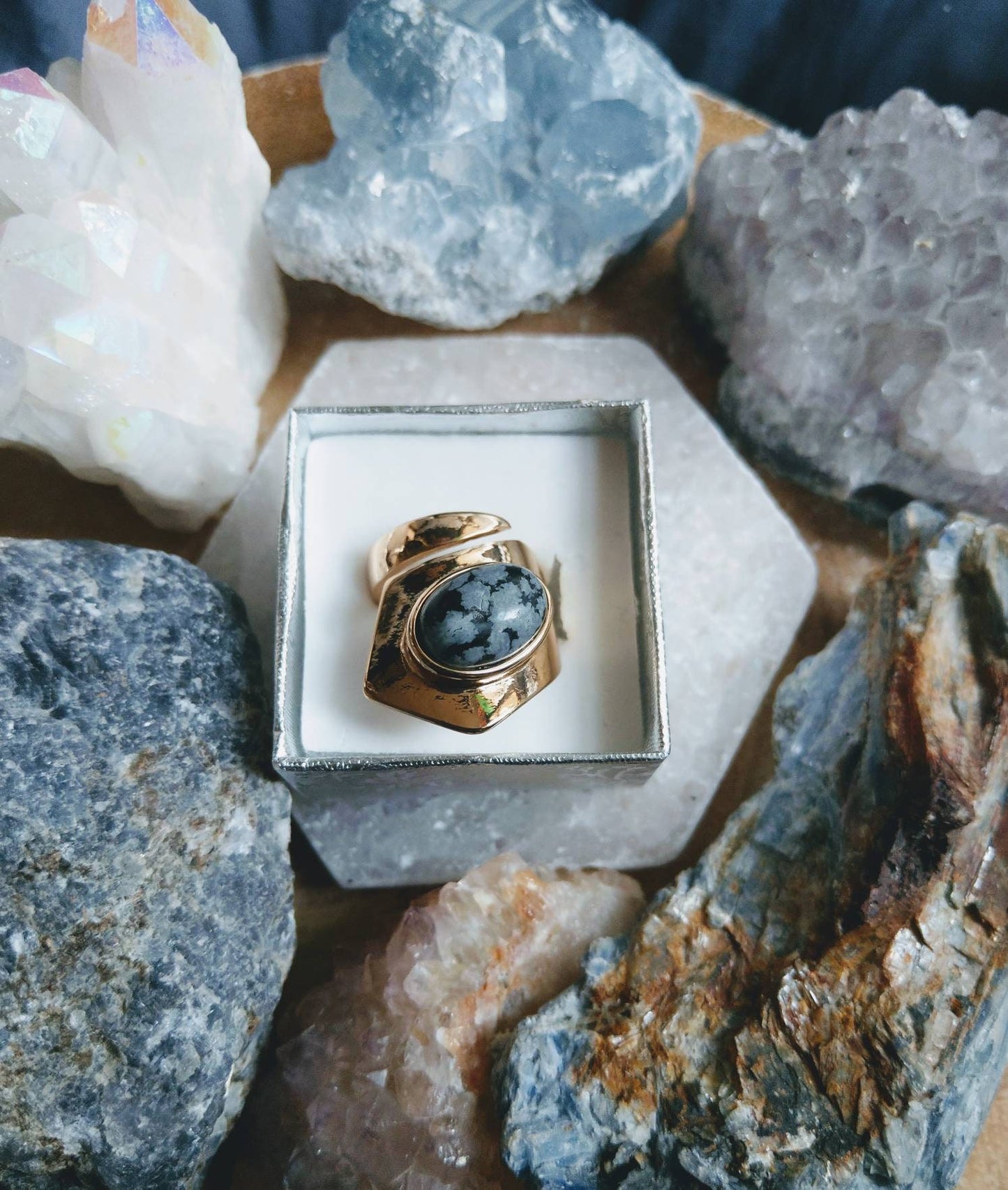 snowflake obsidian adjustable ring cuff crystal healing natural stone