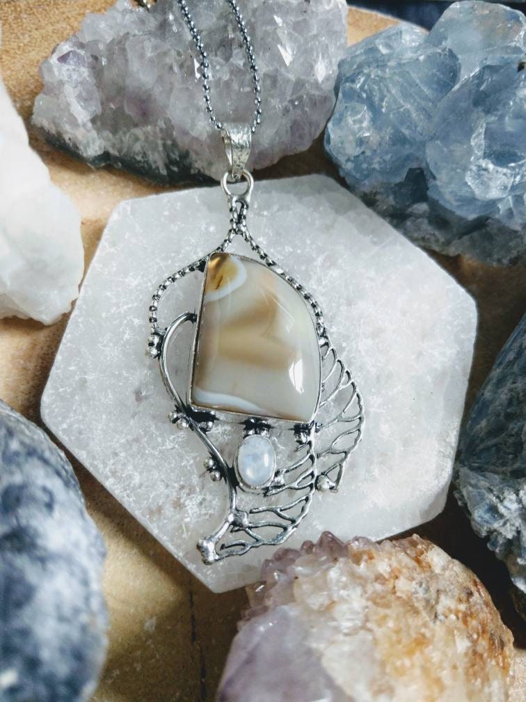 Botswana agate necklace with rainbow moonstone pendant  in 925 silver crystal healing natural stone